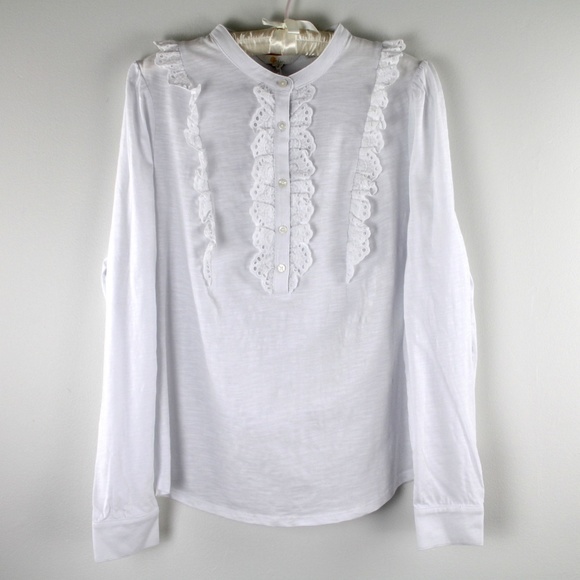 Boden Broderie Ruffle Button Placket Long Sleeve White Jersey Top